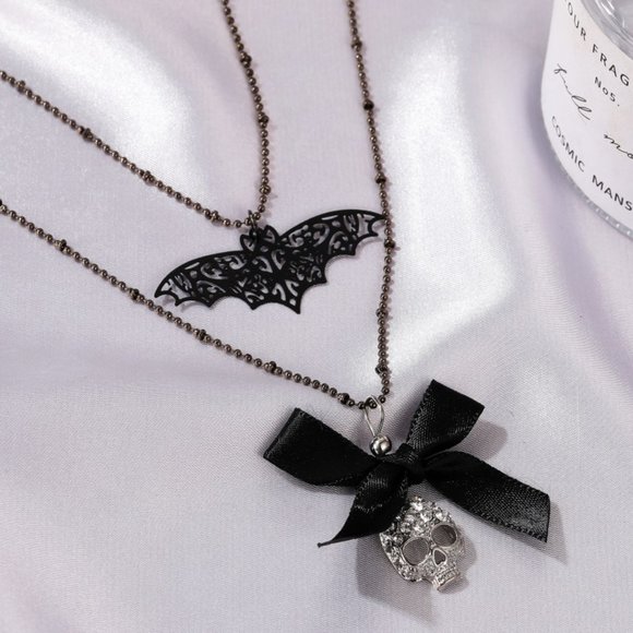 Gothic Filigree Bat, Bow & Skull Double Necklace - Picture 4 of 6